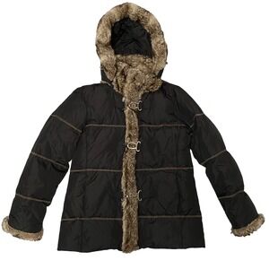 Womens Faux Fur Trim Hood Full Zip Black Puffer Coat Jacket S Y2K Winter Outdoor